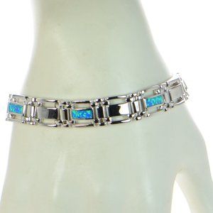 Men's Sterling Silver Blue Inlay Opal Link Bracelet
